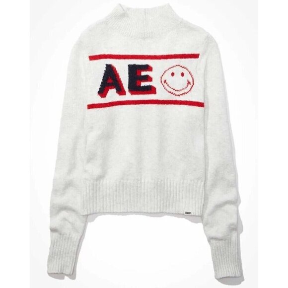 NWT American Eagle Outfitters Gray Smiley Graphic Mock Neck Sweater Medium M - Picture 1 of 10